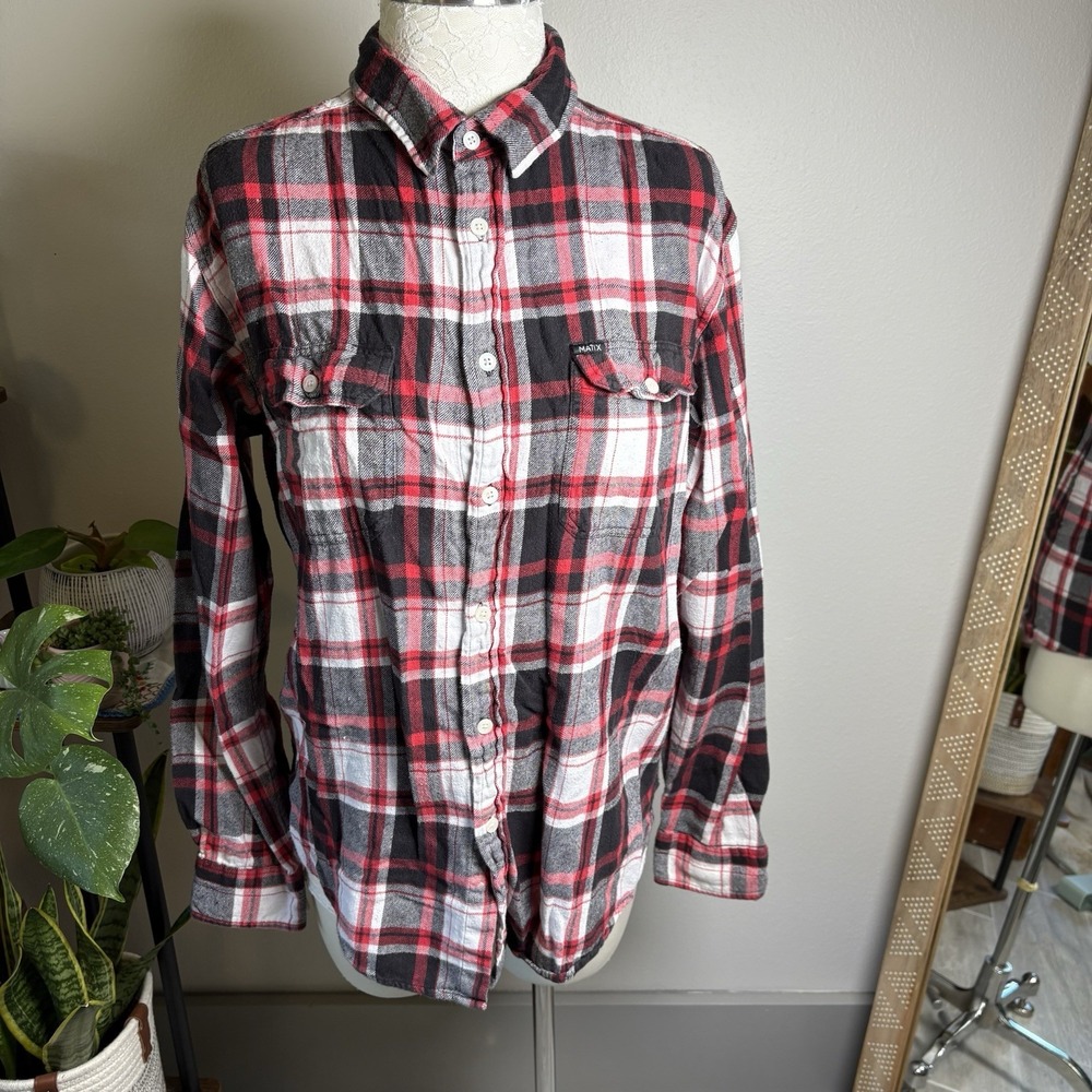 Matix Mens L Red Plaid Flannel Shirt Grimes Slim Fit Grunge Skater Cotton